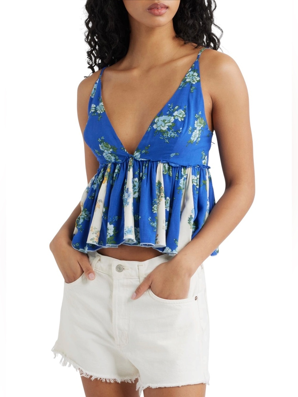 FREE PEOPLE Tillie Floral Plunge Neck Babydoll Top NWT M Blue Cobalt